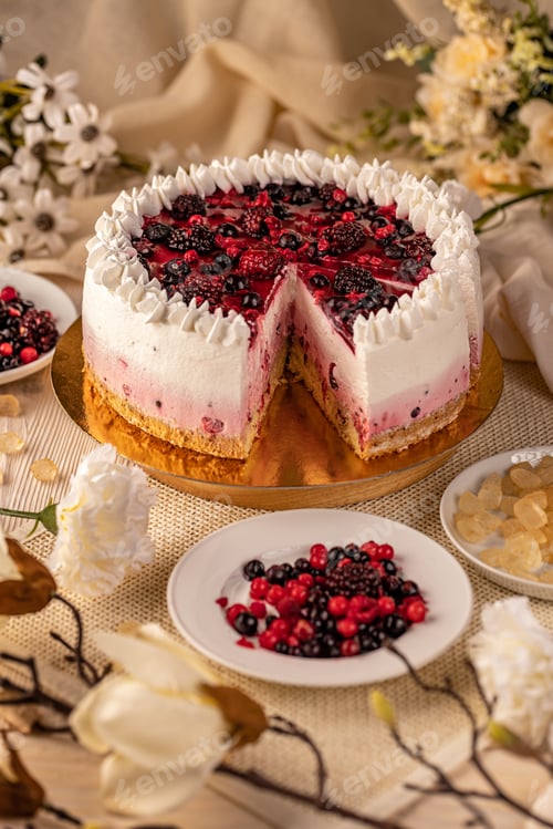 Preview: Berry Cheesecake with Fresh Berries on Wooden Table