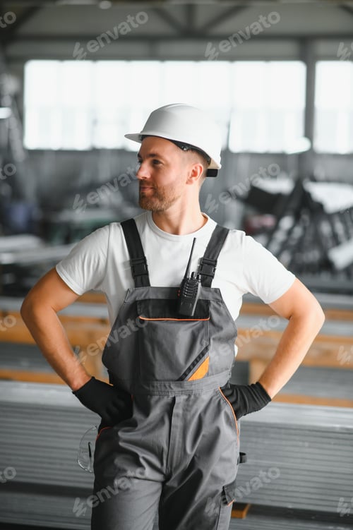Preview: Men industrial engineer wearing a white helmet while standing in a heavy industrial factory behind