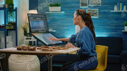Preview: Engineer woman analyzing virtual maquette on computer