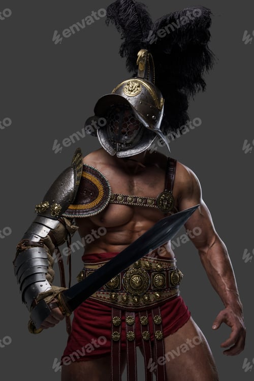 Preview: Muscular arena warrior with gladius against grey background
