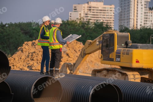Preview: Construction surveyor or engineer working in pipe construction site