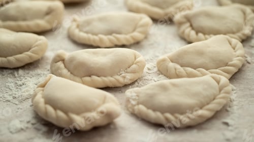 Preview: Raw homemade varenyky Ukrainian traditional dish. National food kitchen.Ravioli, dumplings, pierogi.