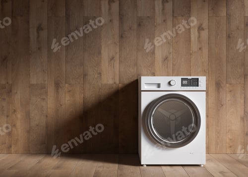 Preview: Washing machine standing in empty room. Copy space for text or other objects.