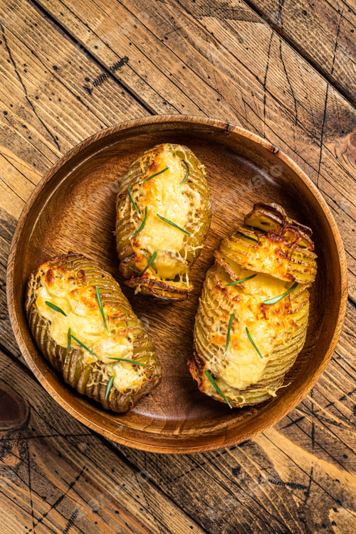 Preview: Hasselback potatoes with cheese, garlic and herbs. Wooden background. Top view