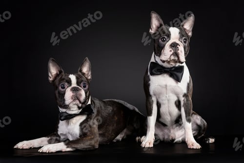 Preview: Portrait of the black and white french bulldog puppies wearing bow ties on black background