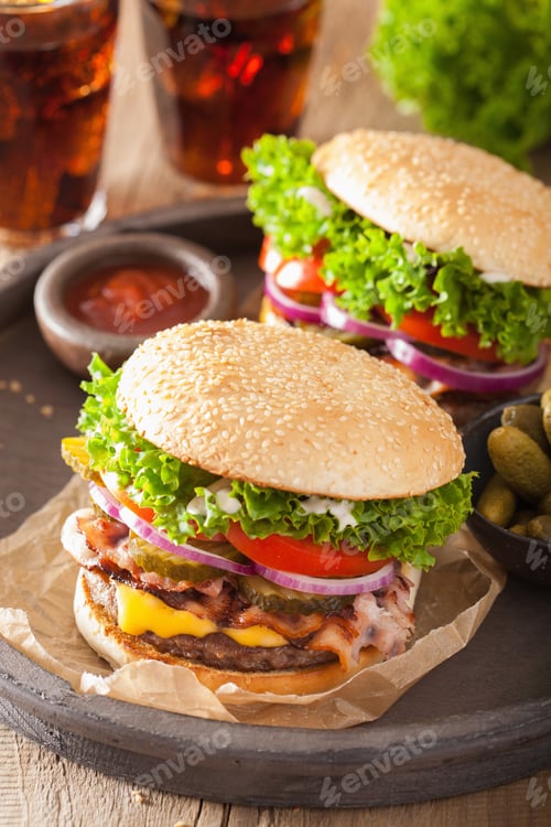 Preview: bacon cheese burger with pickles tomato onion