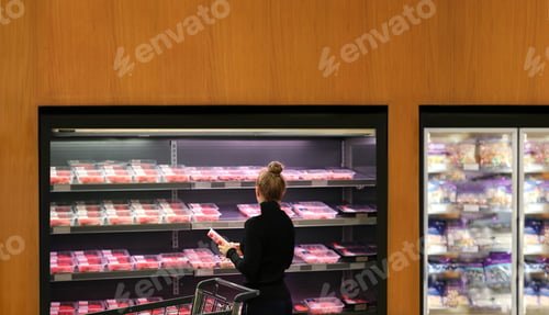 Preview: Woman Purchasing A Packet Of Meat At The Supermarket