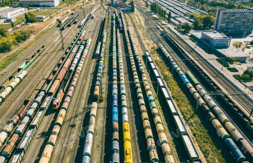 Preview: aerial view of cargo train depot station shipping and transport wagons, industry concept f