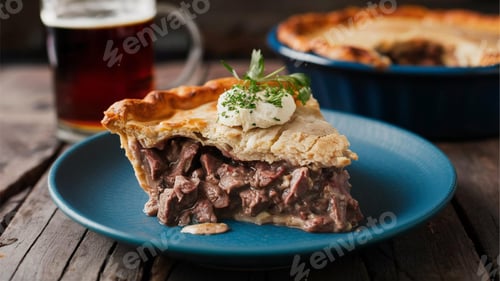 Preview: Savory meat pie slice with beer on rustic table.