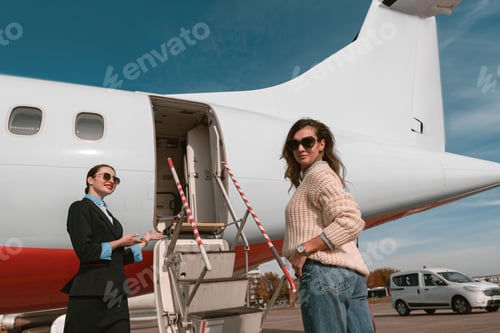 Preview: Woman stewardess standing near airplane and inviting female passenger on board