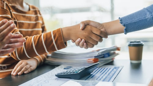Preview: Shaking hands, Close up group of business woman discussion and brainstorming, bookkeeping audit