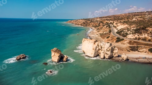 Preview: Aerial view of Petra tou Romiou, Cyprus coastline.