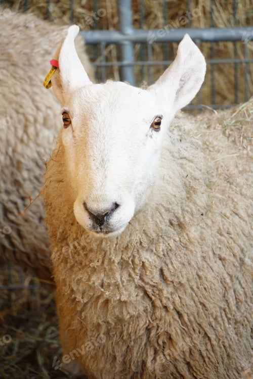 Preview: a closeup of a white sheep in a barn