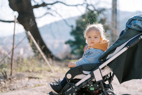 Preview: Little girl sits in a stroller in the park and looks away. Side view
