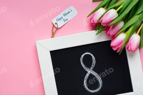 Preview: Top view of chalkboard with 8 number, paper label with happy womens day lettering and tulips on pink