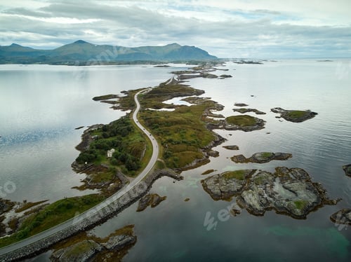 Preview: Aerial photo of the famous Norwegian tourist attraction, The Atlantic Ocean Road