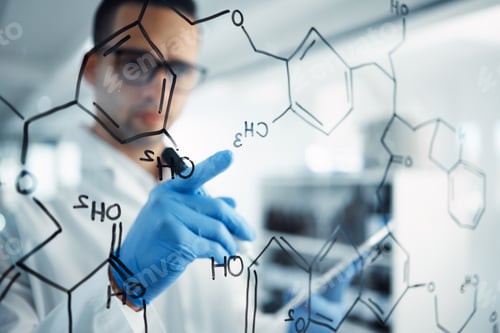 Preview: Shot of a young scientist solving equations on a glass screen in a laboratory