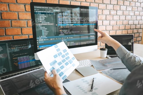 Preview: Team of Professional Developer programmer cooperation meeting and brainstorming and programming in
