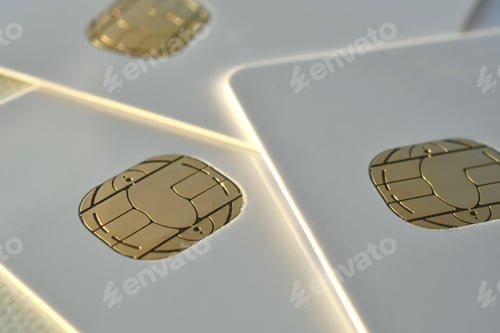 Preview: Close up of gold chips microchips embedded on blank white credit cards