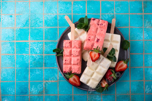 Preview: Strawberry ice cream popsicle with mint