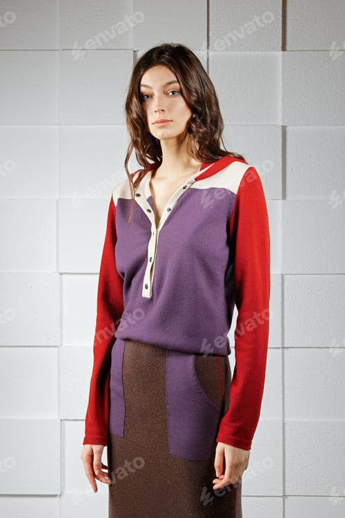 Preview: Attractive girl in cozy knitted woolen colorful dress