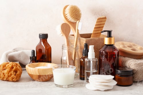 Preview: zero waste eco friendly hygiene concept. wooden toothbrush soap reusable pads brush cosmetic