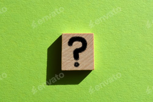 Preview: Question mark ? Query symbol on a wooden block isolated on bright green background with copy space