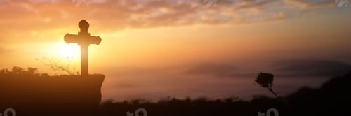 Preview: Silhouette of christian cross at sunset background. Idea for worship or praise god. panorama picture