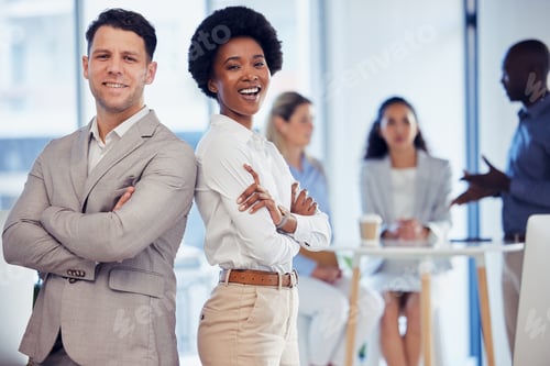 Preview: Business man, black woman and arms crossed in partnership portrait for motivation, teamwork and smi