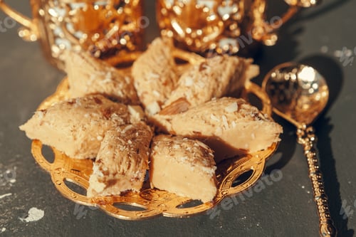 Preview: Turkish sweets with coffee on a wooden table