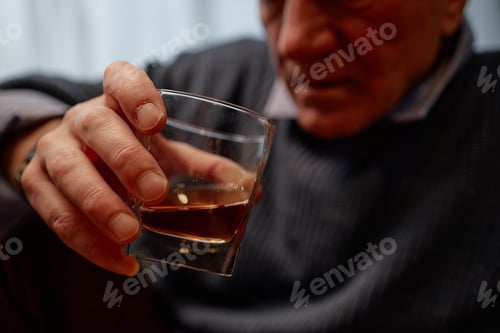 Preview: Elderly Man Holding Glass of Whiskey Thoughtfully