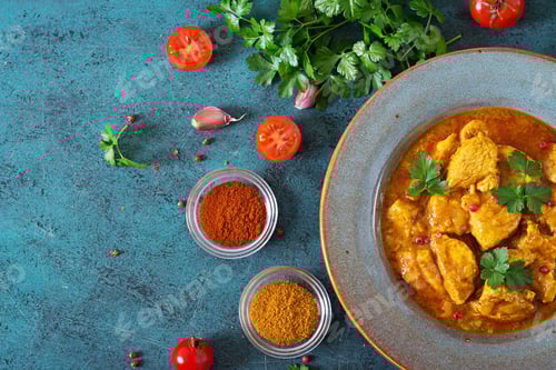 Preview: Curry with chicken and onions. Indian food. Asian cuisine. Top view