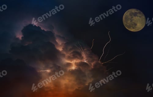 Preview: Dramatic background lightnings in sunset sky with dark clouds Moon orbit planet Earth.