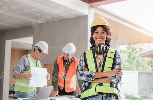Preview: Leadership Concept by Female Engineers : Portrait of a happy female engineer in front of a group of