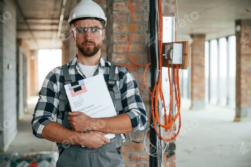 Preview: Electrician with notebook. Construction worker in uniform in empty unfinished room