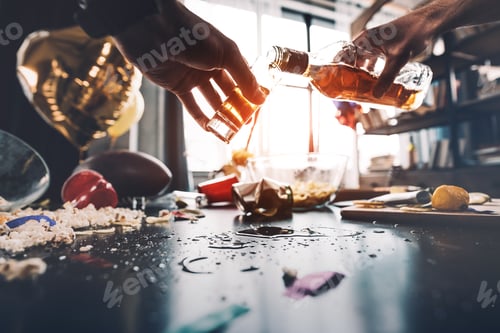 Preview: Close-up partial view of man pouring whiskey into glass after party