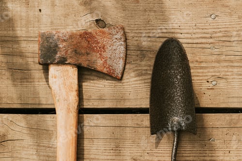 Preview: Rustic axe by trowel flatlay on a wooden background