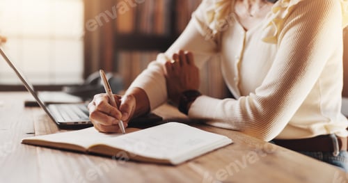 Preview: Remote work, hands and person with notebook for planning, to do list and schedule date by closeup.