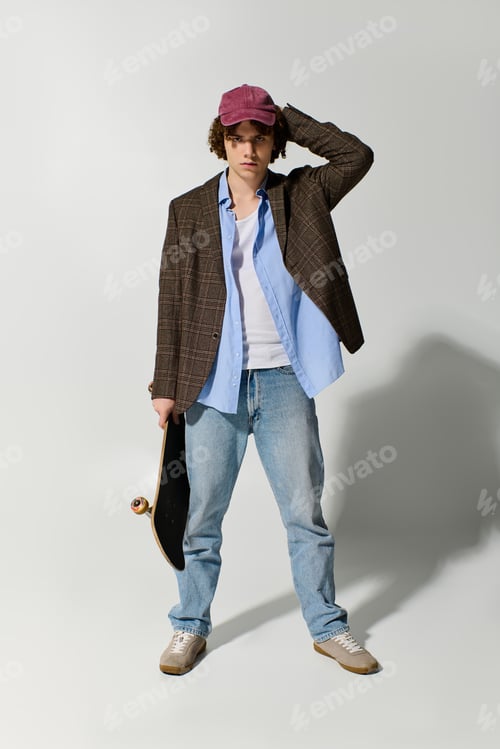 Preview: Stylish teenager showcases unique fashion choices while holding a skateboard indoors