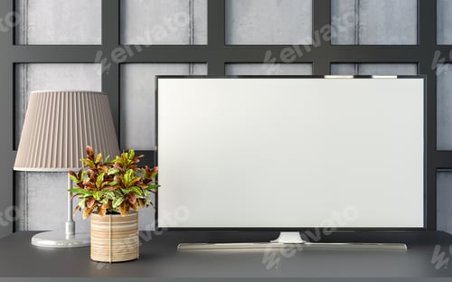 Preview: 3D living room and furniture with blank television