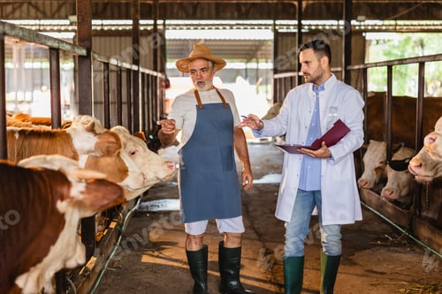 Preview: Veterinarian and Farmer Discussing Cattle Health in a Barn