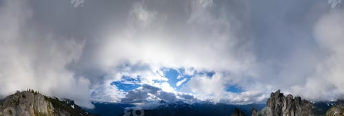 Preview: Aerial panorama Cloudscape of Canadian Mountain Landscape in Valley. BC, Canada. Panorama Background