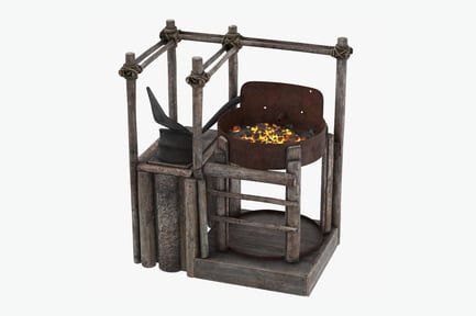 Vista previa: Forja de herrero detallada con herramientas y marco de madera envejecida