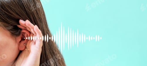 Preview: Closeup shot of a woman using hand behind ear trying to hear the sound on a light blue background