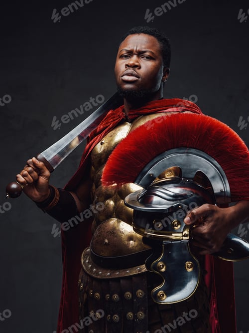 Preview: Proud roman soldier of african ethnic with sword and shield