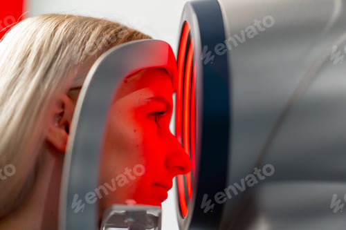 Preview: close-up in an ophthalmology clinic young girl diagnoses vision using a machine with a red light