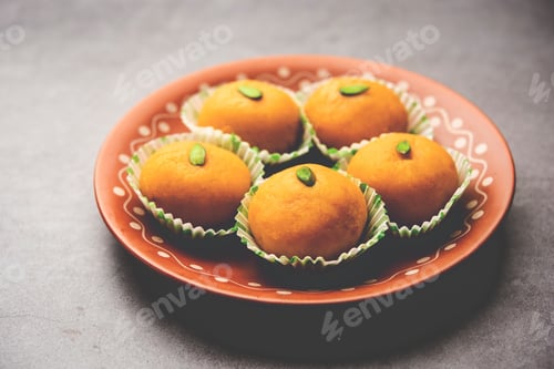 Preview: Besan Peda,pedha, pera. Popular Indian mithai prepared using gram flour, Ghee, Sugar, Milk