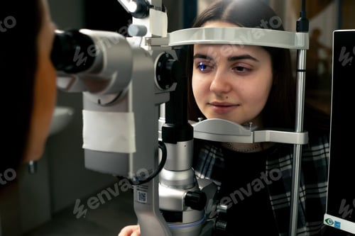 Preview: close up in an ophthalmology clinic young doctor diagnoses a young girl with a magnifying lens