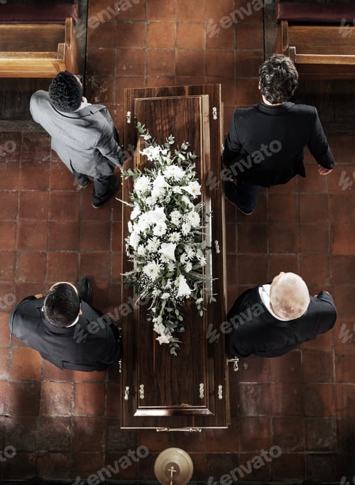 Preview: Funeral, family coffin and church above for death, grief or burial service with solidarity. Group,