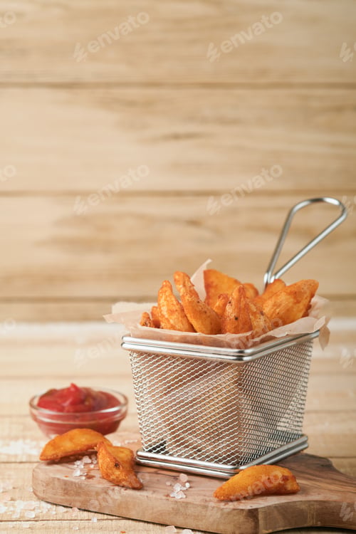 Preview: French fries in metal wire basket with salt and ketchup on old wooden light background clous up. Fri